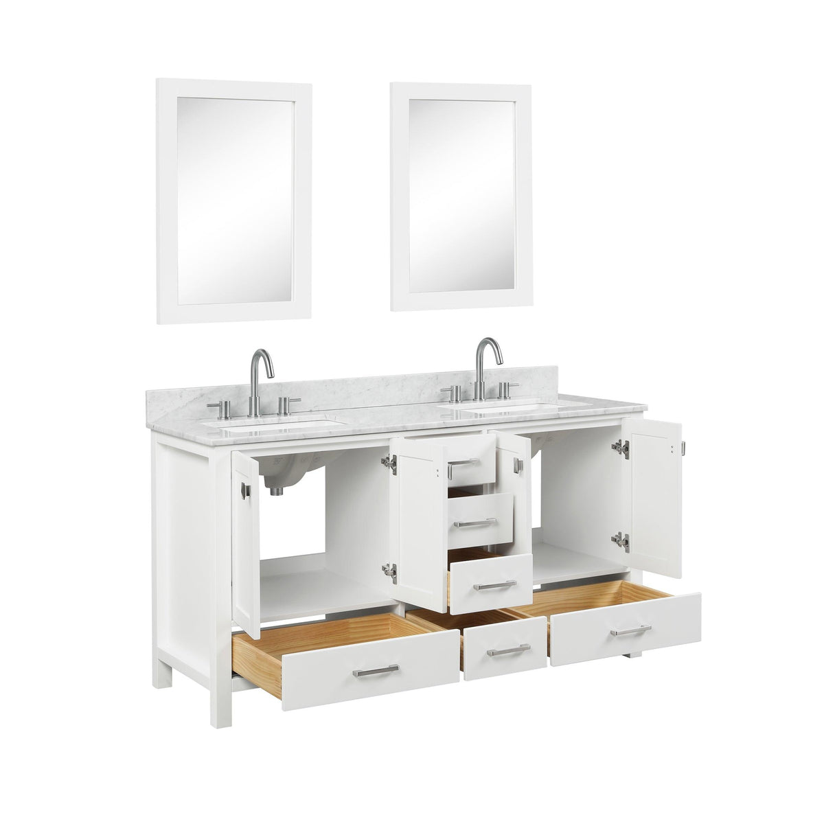 Blossom Geneva 60" Double Sink Freestanding Bathroom Vanity With Countertop, Undermount Sink, Mirrors, White, open