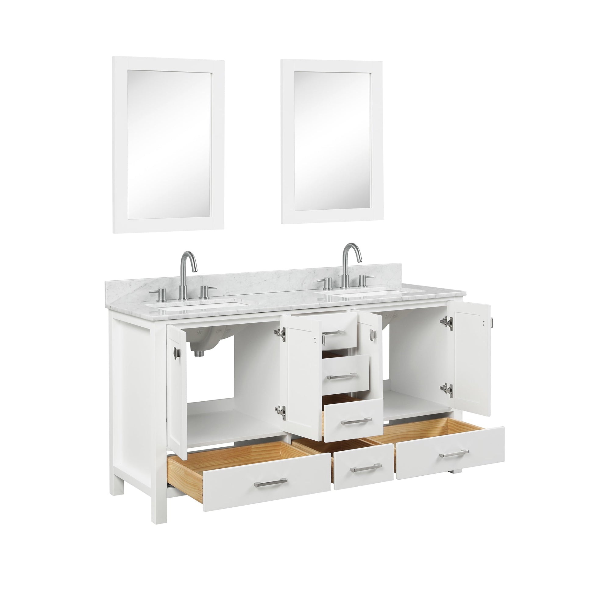 Blossom Geneva 60" Double Sink Freestanding Bathroom Vanity With Countertop, Undermount Sink, Mirrors, White, open