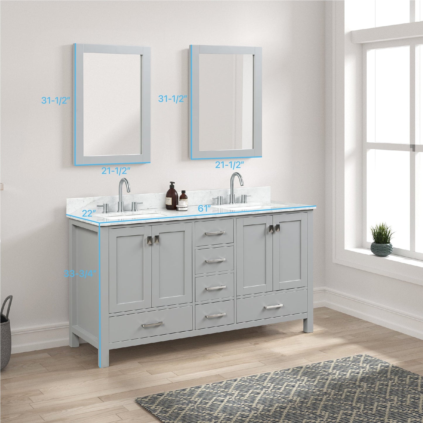 Blossom Geneva 60" Double Sink Freestanding Bathroom Vanity With Countertop, Undermount Sink, Mirrors, Gray