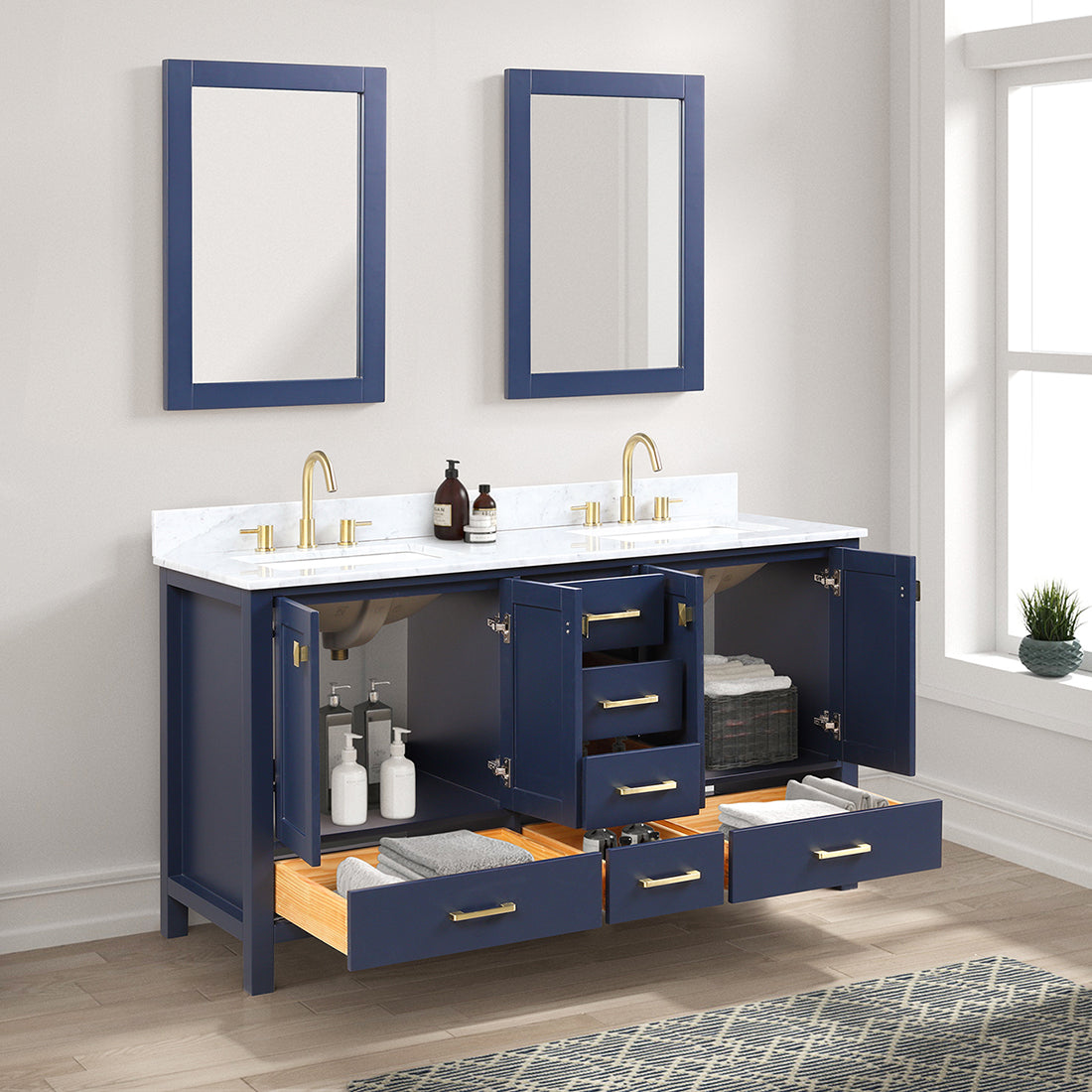 Blossom Geneva 60" Double Sink Freestanding Bathroom Vanity With Countertop, Undermount Sink, Mirrors, Blue open