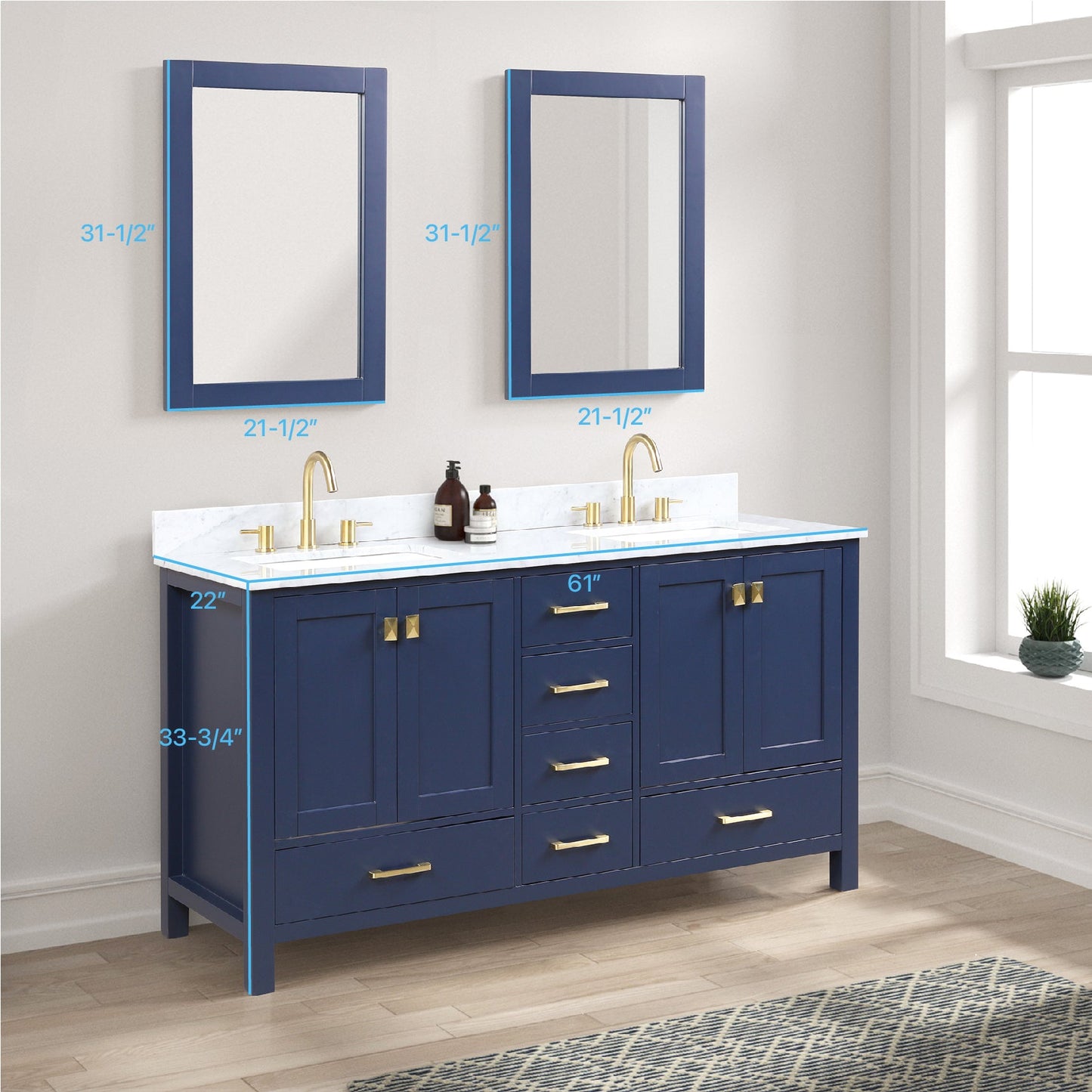 Blossom Geneva 60" Double Sink Freestanding Bathroom Vanity With Countertop, Undermount Sink, Mirrors, Blue