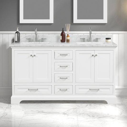 Blossom Copenhagen Double sink Freestanding Bathroom Vanity With Countertop & Undermount Sink, White, 60"