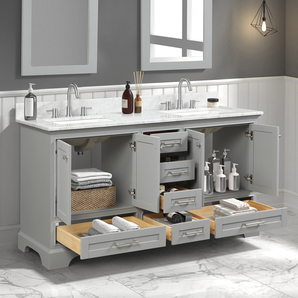 Blossom Copenhagen Double sink Freestanding Bathroom Vanity With Countertop & Undermount Sink, Gray, 60", open