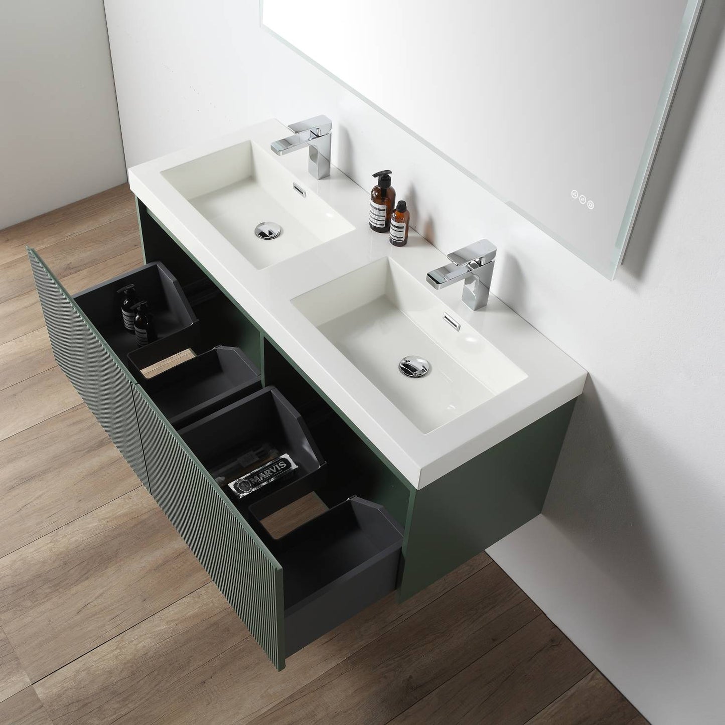 Blossom Positano 48" Floating Double Sink Bathroom Vanity with Top & 2 Side Cabinets Green up open