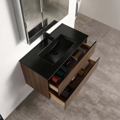 Blossom Annecy 36″ Wall-Hung Vanity - Modern Minimalist Design with Soft-Closing Drawers in Dark Walnut - black basin, open,  up view