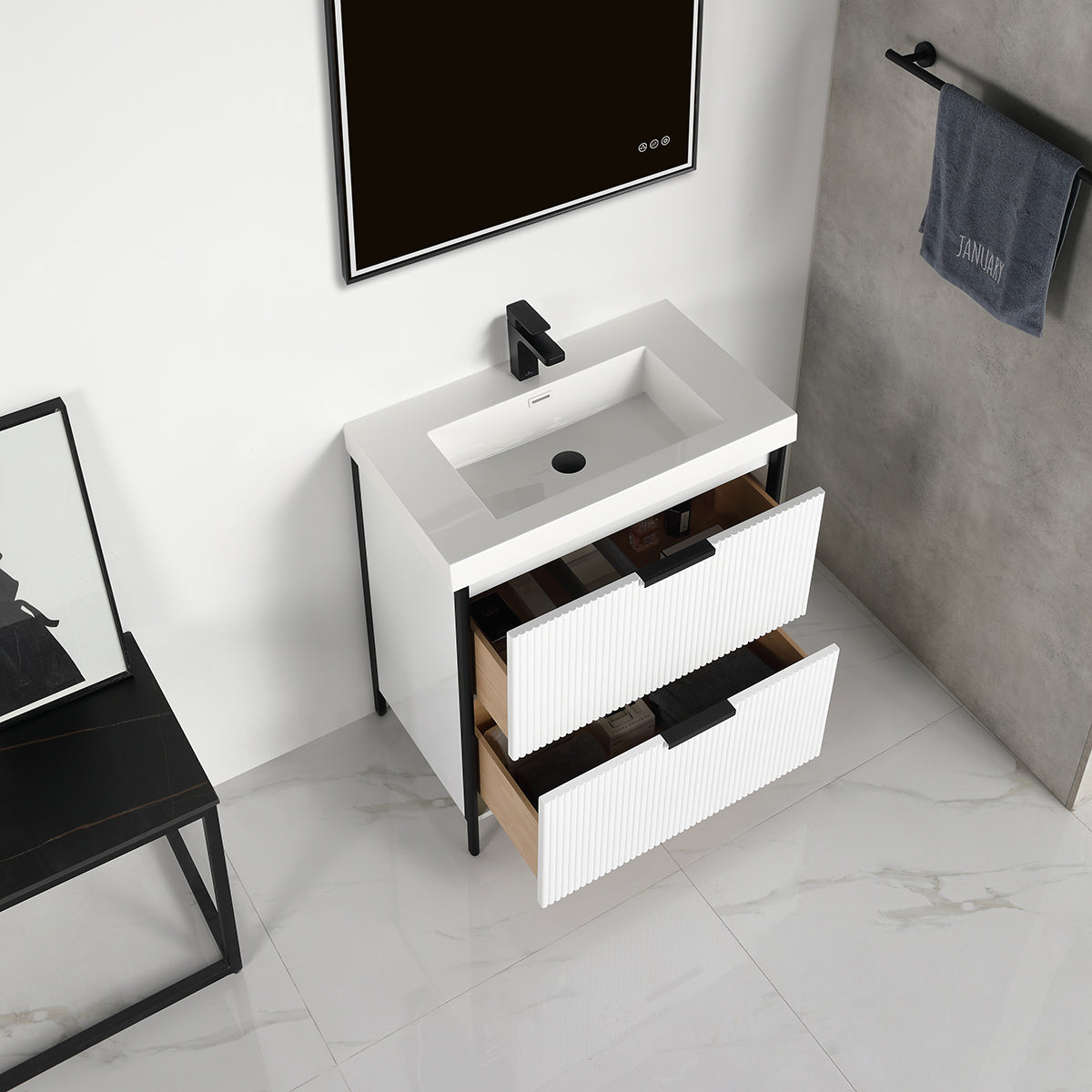 Zurich 30" Glossy White Vanity, Soft-Close Drawers, Acrylic Basin, open