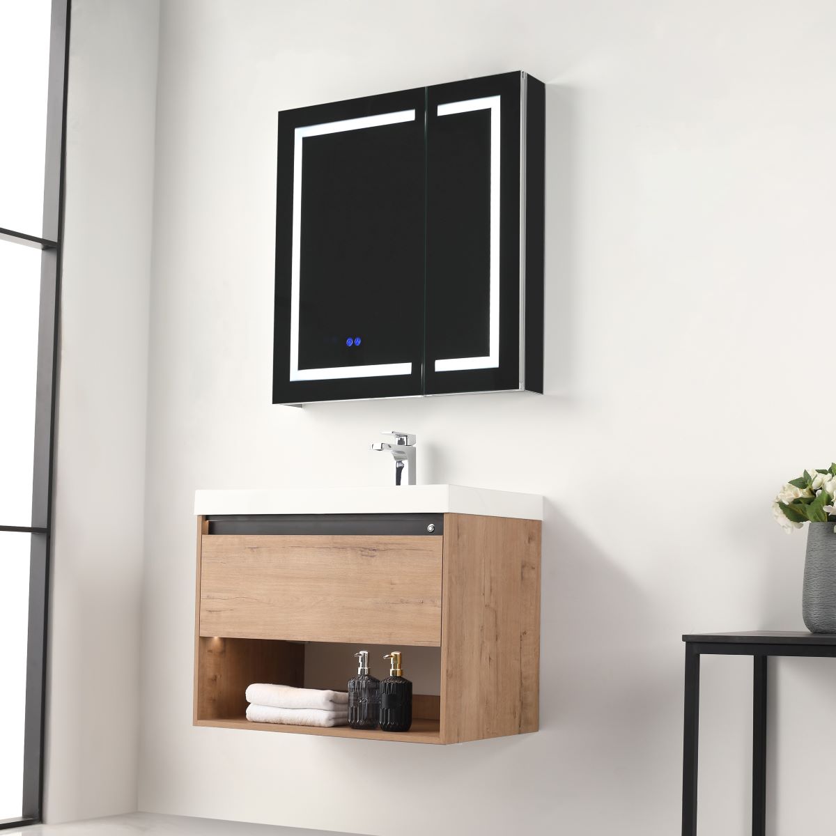 Blossom Bergen Classic Oak  30" Vanity with Dual LED Illumination - Adjustable Lighting, Acrylic Basin, side