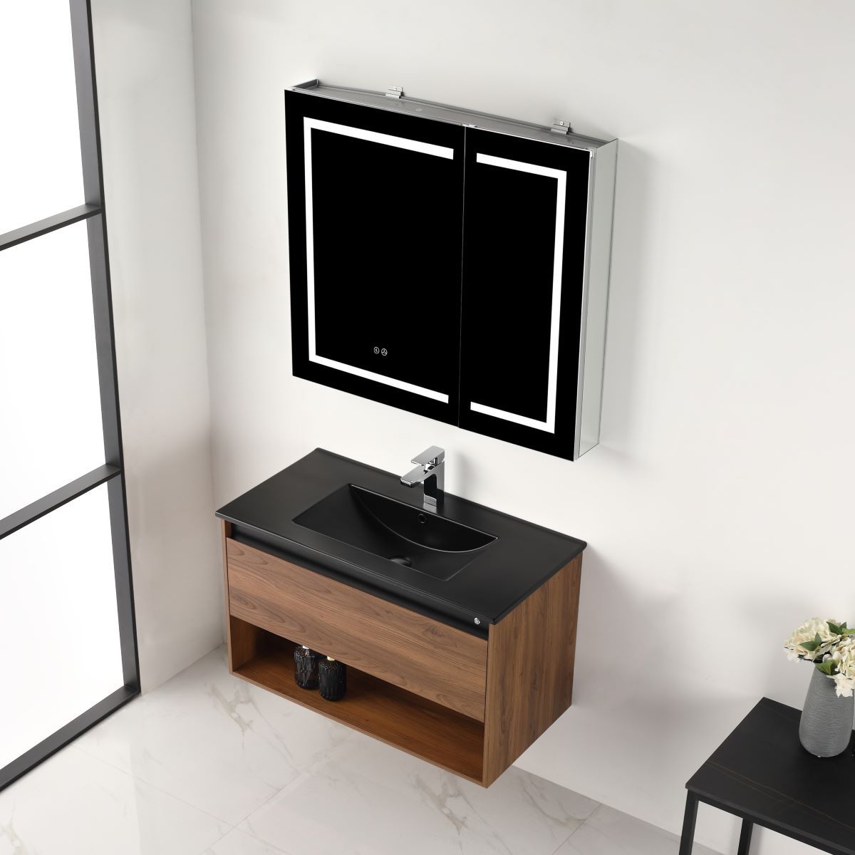 Blossom Bergen Brown Walnut 36" Vanity with Dual LED Illumination - Adjustable Lighting, Black Basin, side, up