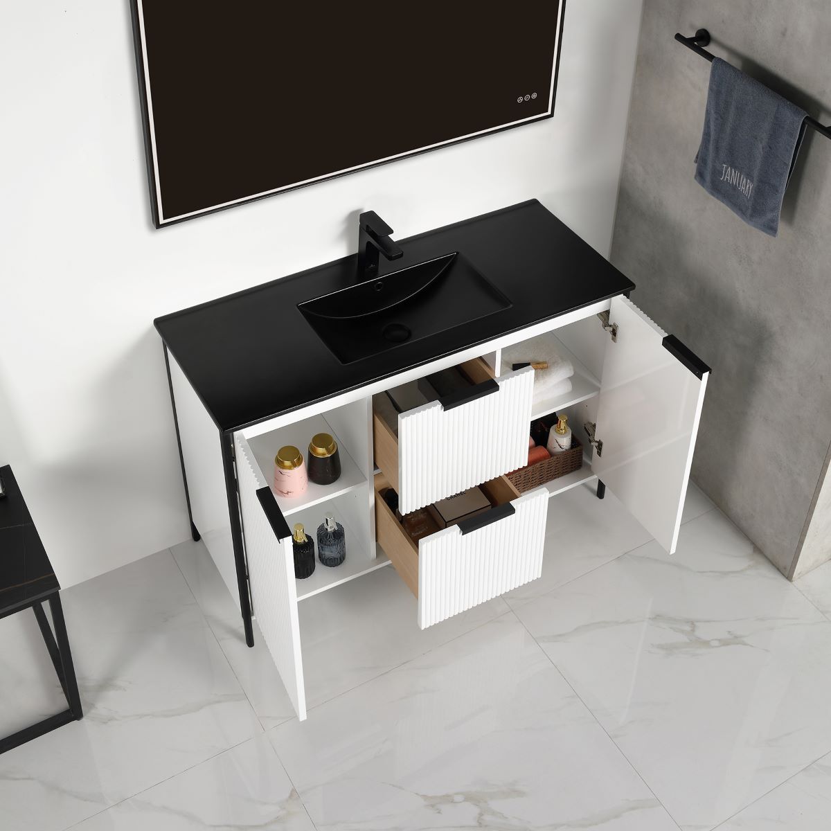 Blossom Zurich 48″ Vanity - Glossy White, Black Basin, front, open