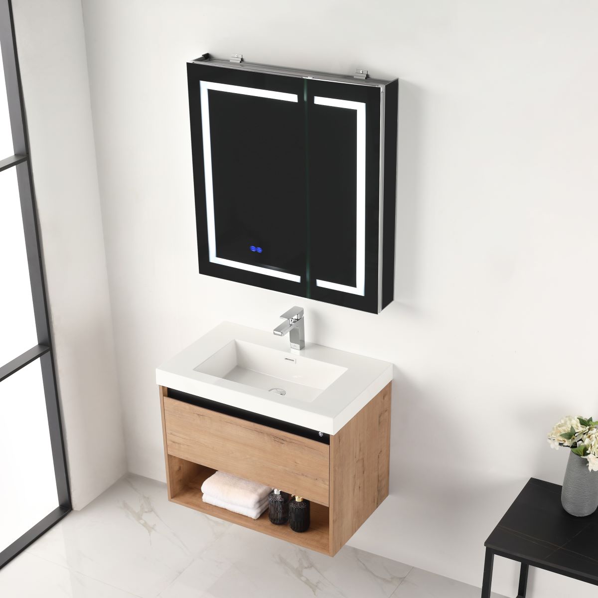 Blossom Bergen Classic Oak  30" Vanity with Dual LED Illumination - Adjustable Lighting, Acrylic Basin, up, side