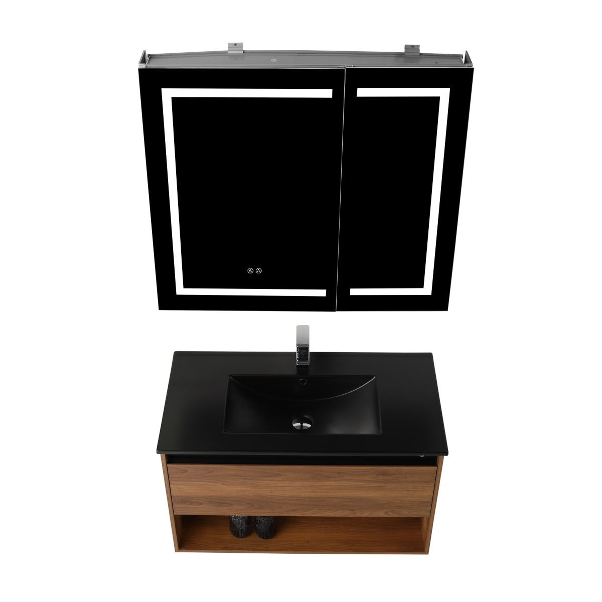 Blossom Bergen Brown Walnut 36" Vanity with Dual LED Illumination - Adjustable Lighting, Black Basin, up