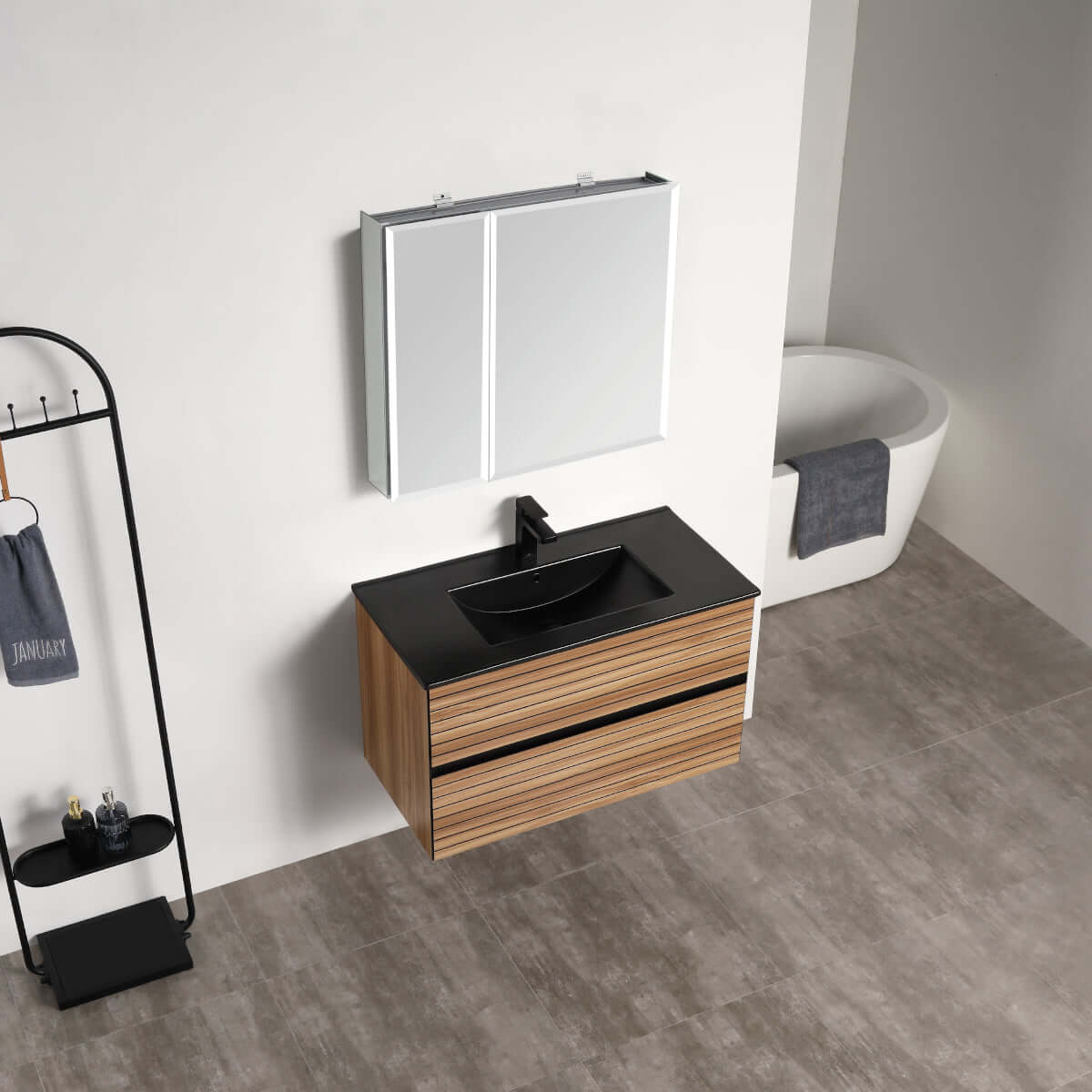 Blossom Annecy 36″ Wall-Hung Vanity - Modern Minimalist Design with Soft-Closing Drawers in Maple - black basin, up view