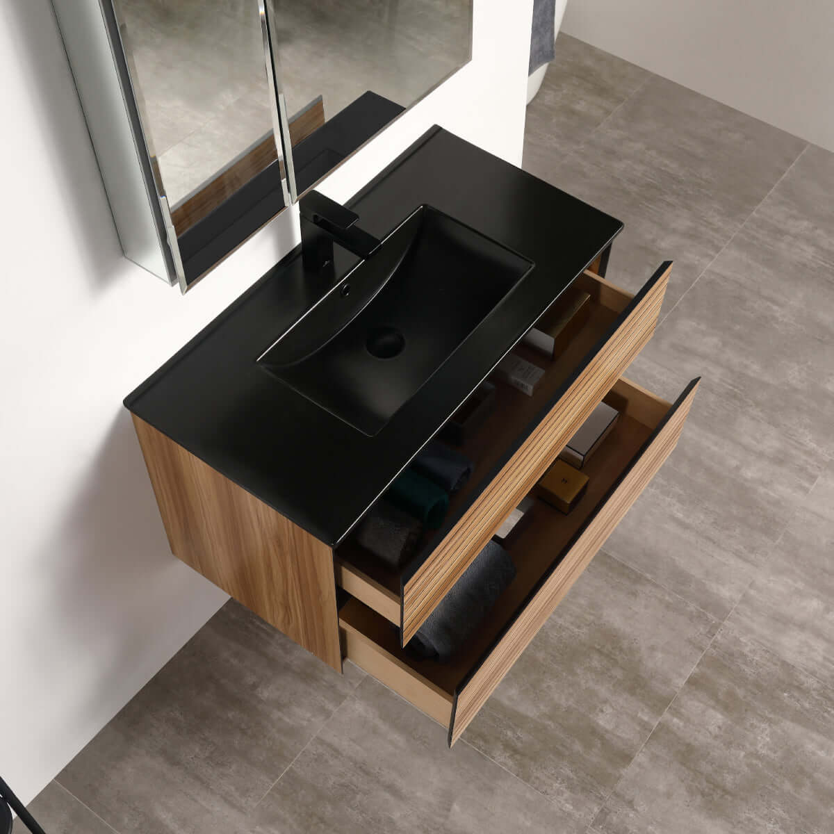 Blossom Annecy 36″ Wall-Hung Vanity - Modern Minimalist Design with Soft-Closing Drawers in Maple - black basin, up view, open