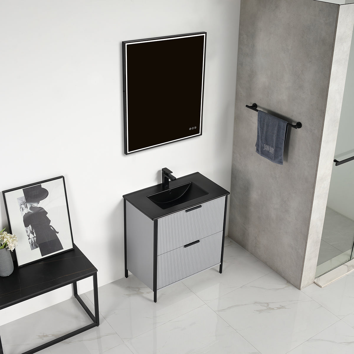 Zurich 30" Metal Grey Vanity, Soft-Close Drawers, Black Basin, side