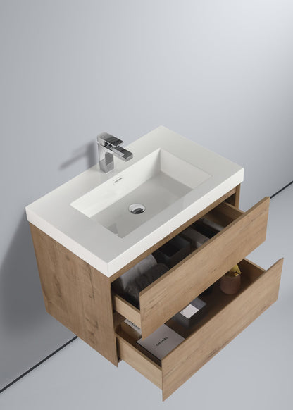 Blossom Assisi 30" Classic Oak Vanity - Eco-Friendly Minimalist Design with Soft-Closing Drawers, Acrylic Basin, open