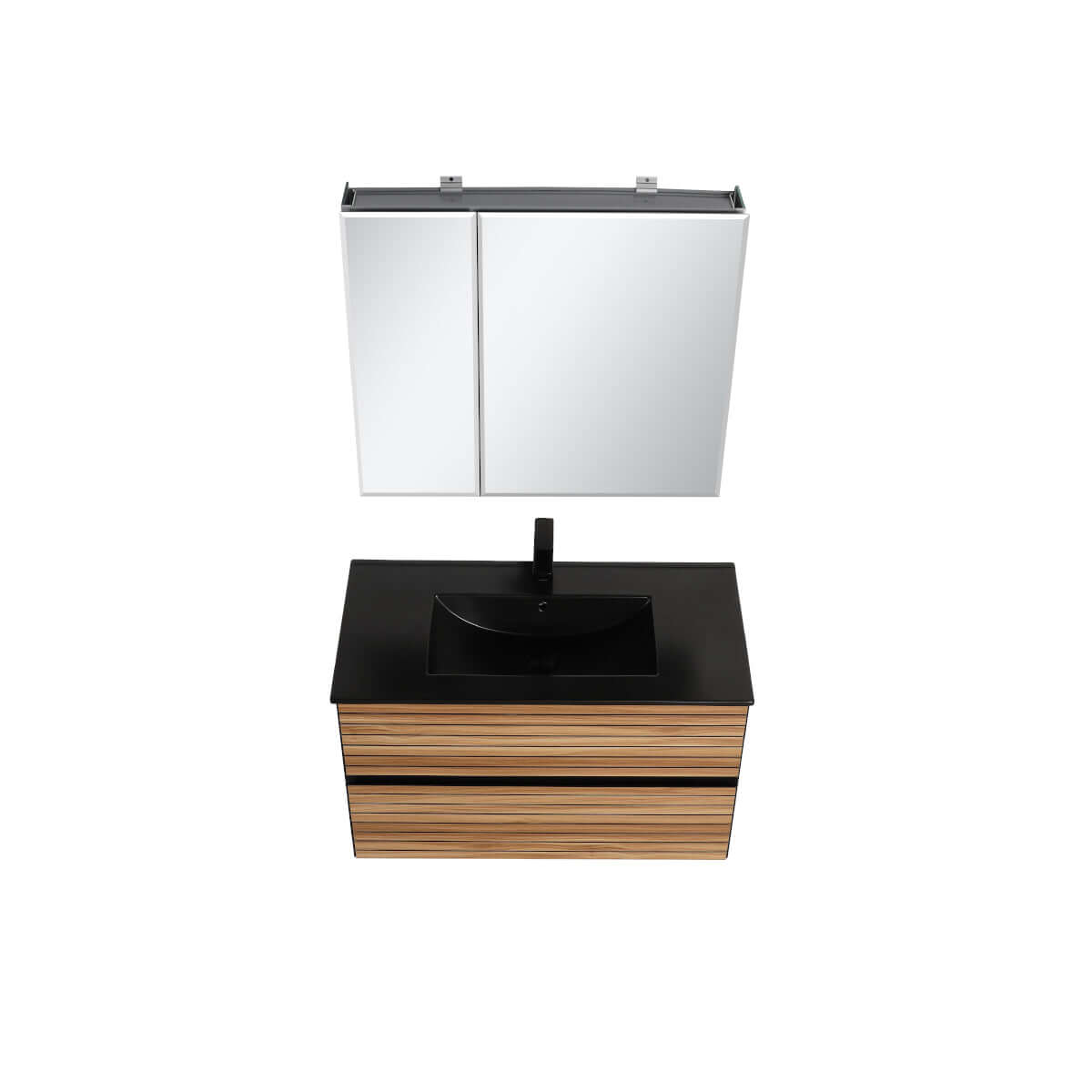 Blossom Annecy 36″ Wall-Hung Vanity - Modern Minimalist Design with Soft-Closing Drawers in Maple - black basin, up view 2