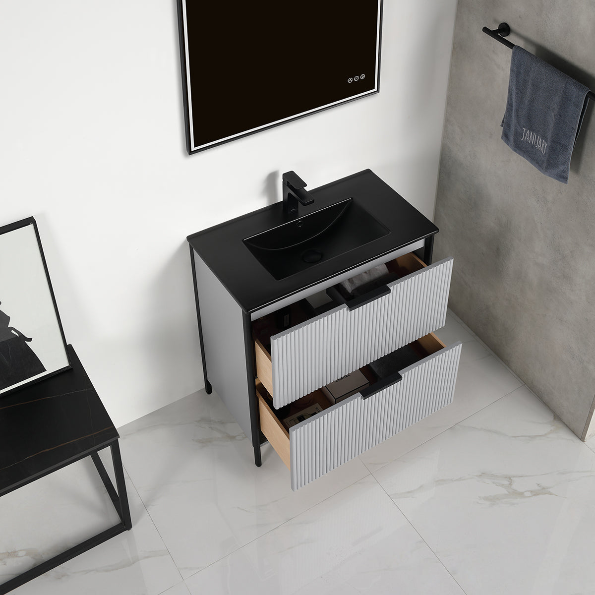 Zurich 30" Metal Grey Vanity, Soft-Close Drawers, Black Basin, open