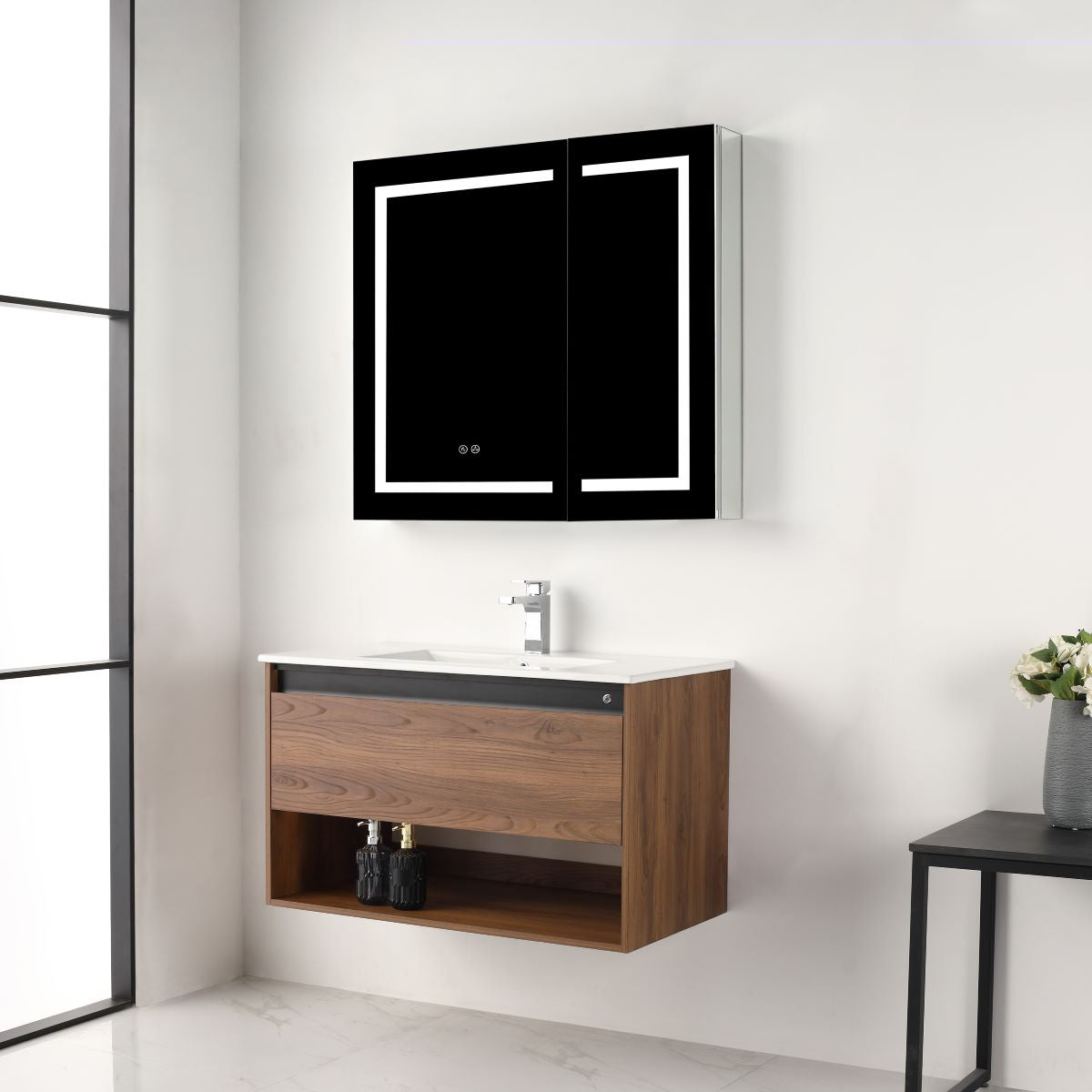 Blossom Bergen Brown Walnut 36" Vanity with Dual LED Illumination - Adjustable Lighting, Ceramic Basin, side