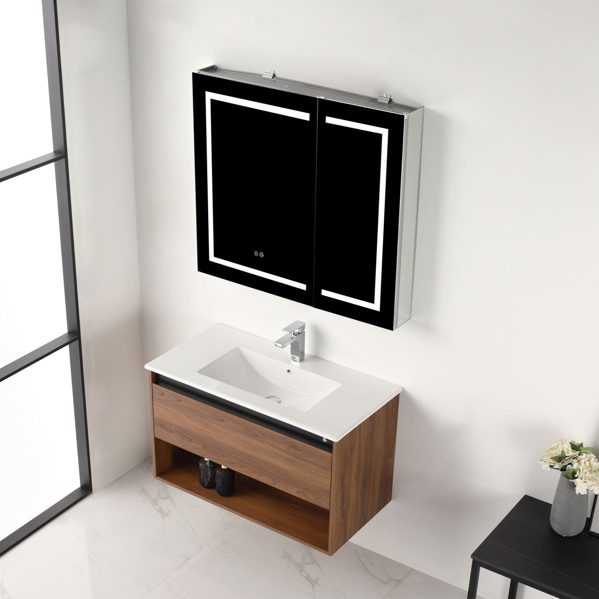 Blossom Bergen Brown Walnut 36" Vanity with Dual LED Illumination - Adjustable Lighting, Ceramic Basin, side, up