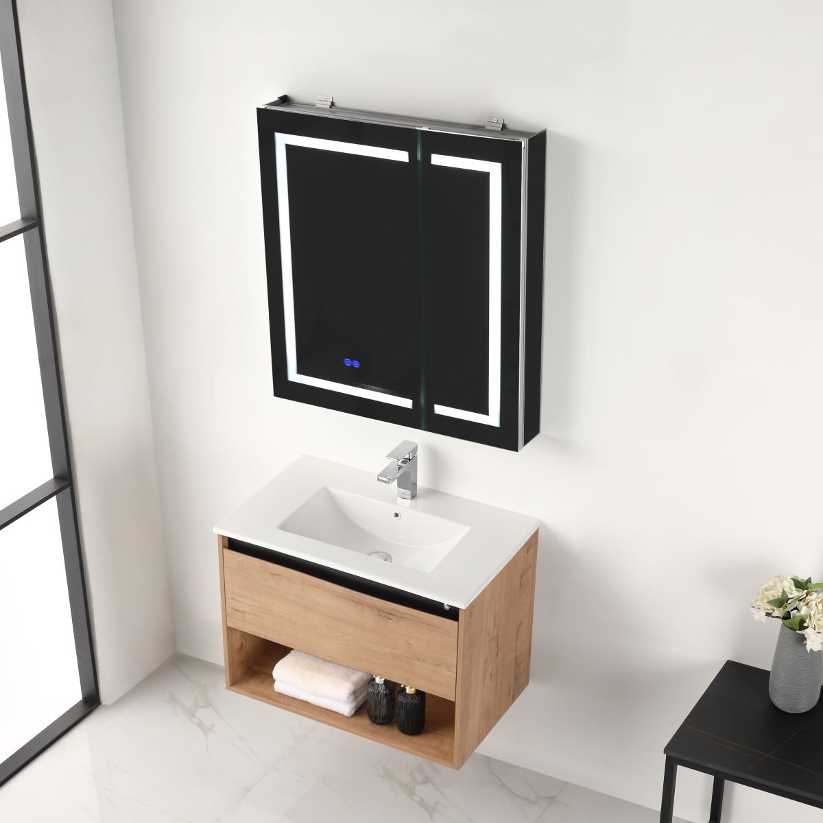 Blossom Bergen Classic Oak  30" Vanity with Dual LED Illumination - Adjustable Lighting, ceramic Basin, up