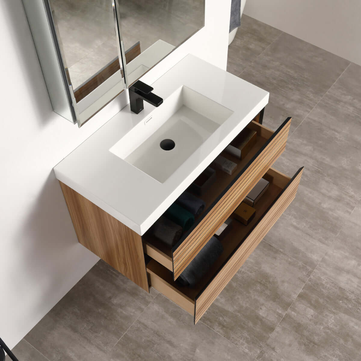 Blossom Annecy 36″ Wall-Hung Vanity - Modern Minimalist Design with Soft-Closing Drawers in Maple - ceramic basin' black basin, up view