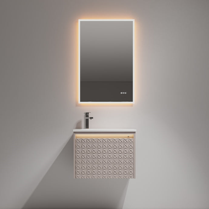 Blossom Thun Khaki 24″ Vanity,  Droplet-Shaped Basin - LED Illuminated & 3D Diamond Pattern, front