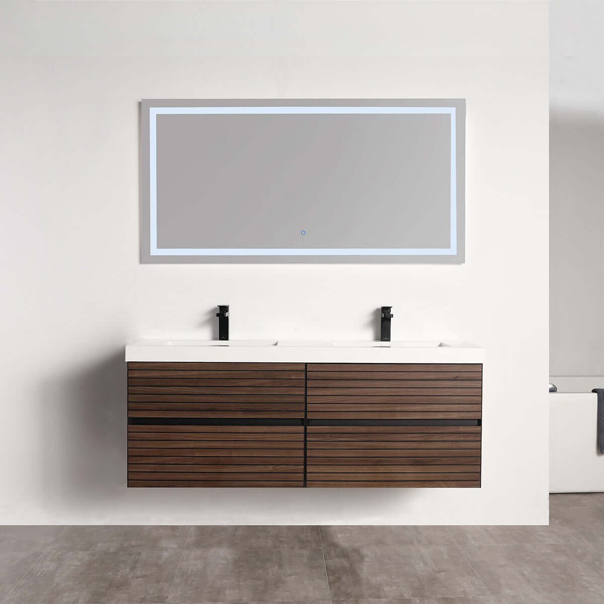 Blossom Annecy 60" Double Sink Wall-Hung Vanity - Modern Minimalist Design with Soft-Closing Drawers in Dark Walnut
