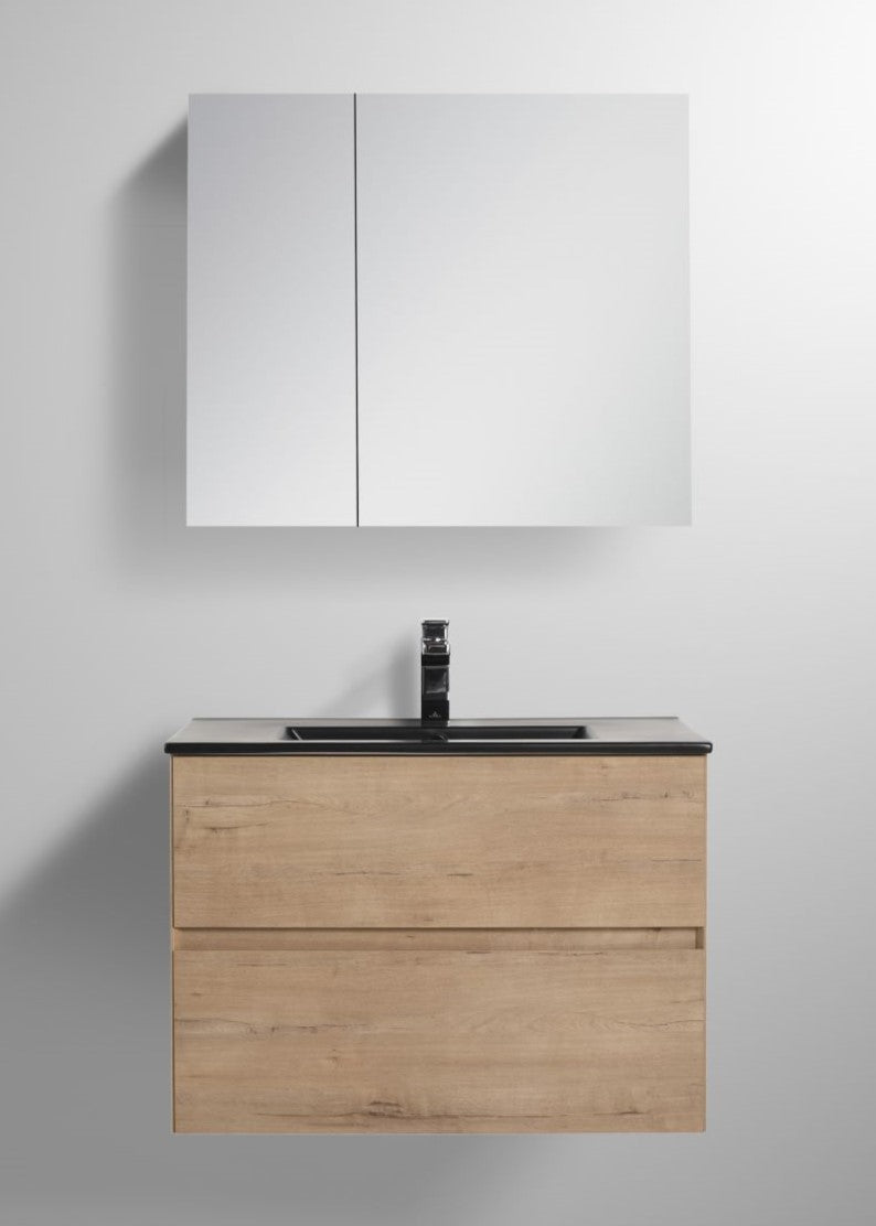 Blossom Assisi 30" Classic Oak Vanity - Eco-Friendly Minimalist Design with Soft-Closing Drawers, Black Ceramic Basin, front