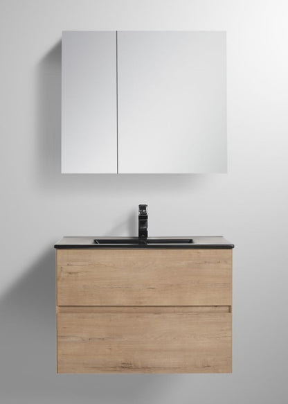 Blossom Assisi 30" Classic Oak Vanity - Eco-Friendly Minimalist Design with Soft-Closing Drawers, Black Ceramic Basin, front