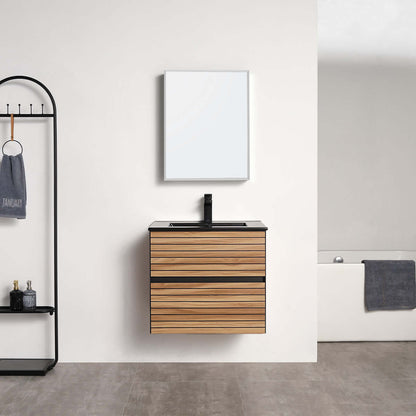 Blossom Annecy 24" Wall-Hung Vanity - Modern Minimalist Design with Soft-Closing Drawers in Maple, front view, ceramic black basin