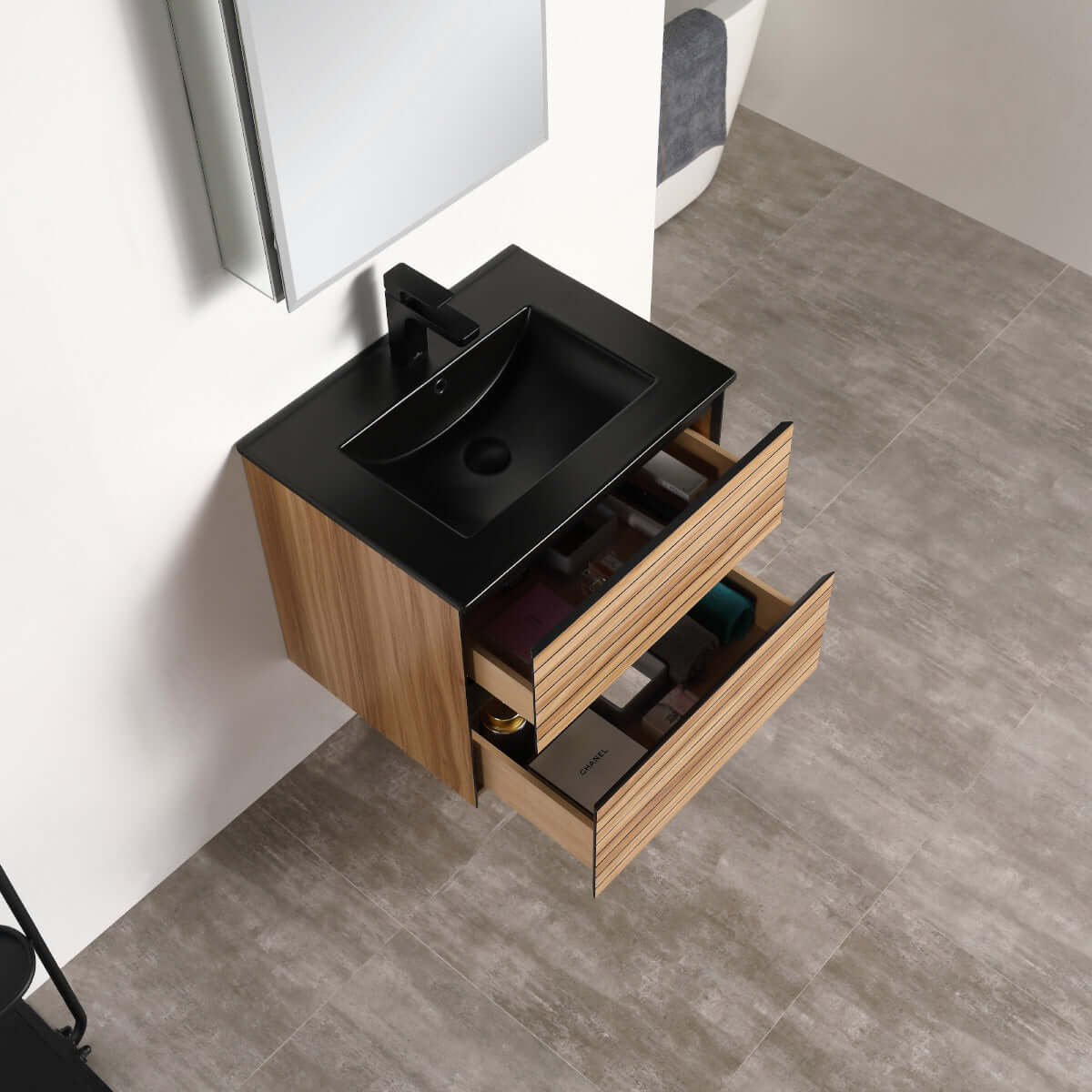 Blossom Annecy 24" Wall-Hung Vanity - Modern Minimalist Design with Soft-Closing Drawers in Maple, open, black basin