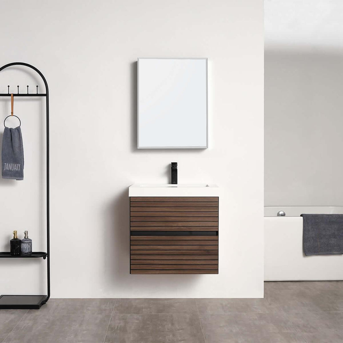 Blossom Annecy 24" Wall-Hung Vanity - Modern Minimalist Design with Soft-Closing Drawers in Dark Walnut, black basin front