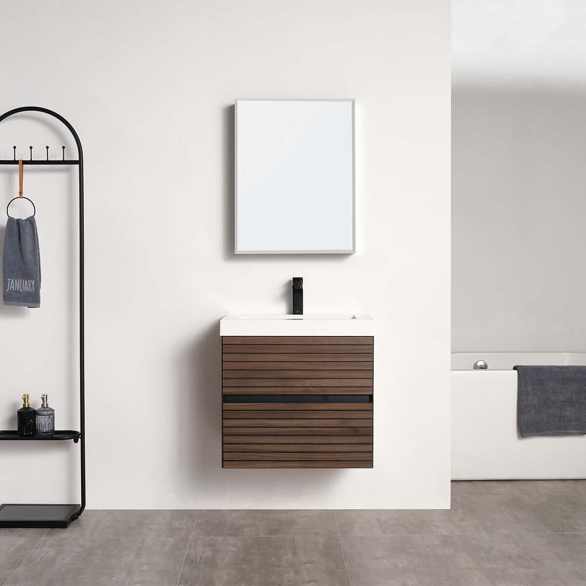 Blossom Annecy 24" Wall-Hung Vanity - Modern Minimalist Design with Soft-Closing Drawers in Dark Walnut, acrylic basin front