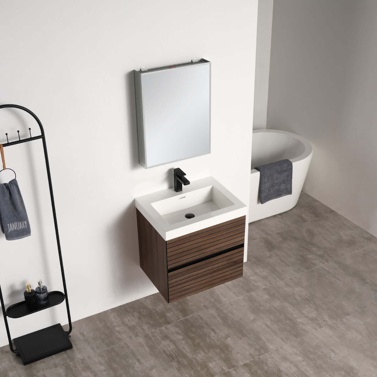 Blossom Annecy 24" Wall-Hung Vanity - Modern Minimalist Design with Soft-Closing Drawers in Dark Walnut, up, side view, acrylic basin