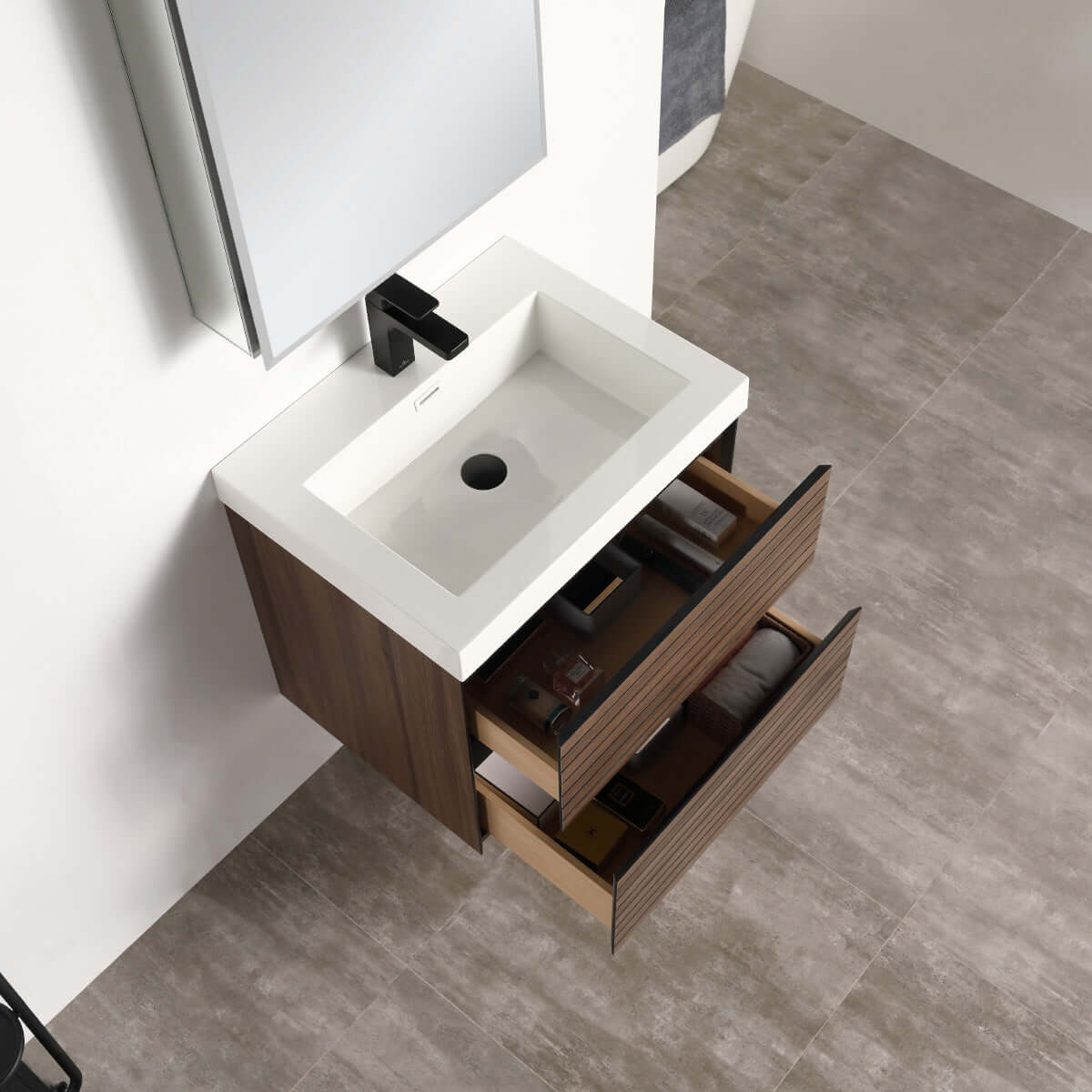 Blossom Annecy 24" Wall-Hung Vanity - Modern Minimalist Design with Soft-Closing Drawers in Dark Walnut, u front view, open