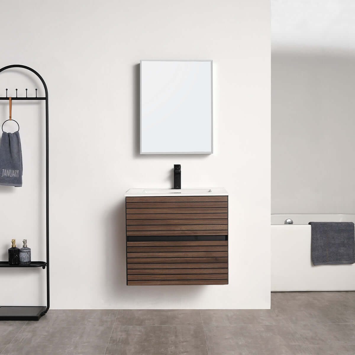 Blossom Annecy 24" Wall-Hung Vanity - Modern Minimalist Design with Soft-Closing Drawers in Dark Walnut, ceramic basin front