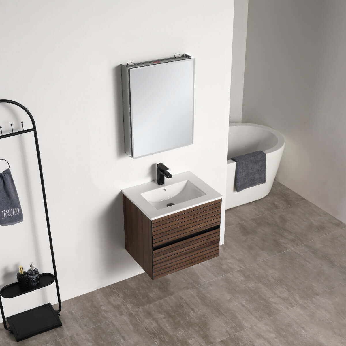 Blossom Annecy 24" Wall-Hung Vanity - Modern Minimalist Design with Soft-Closing Drawers in Maple, side view, ceramic basin