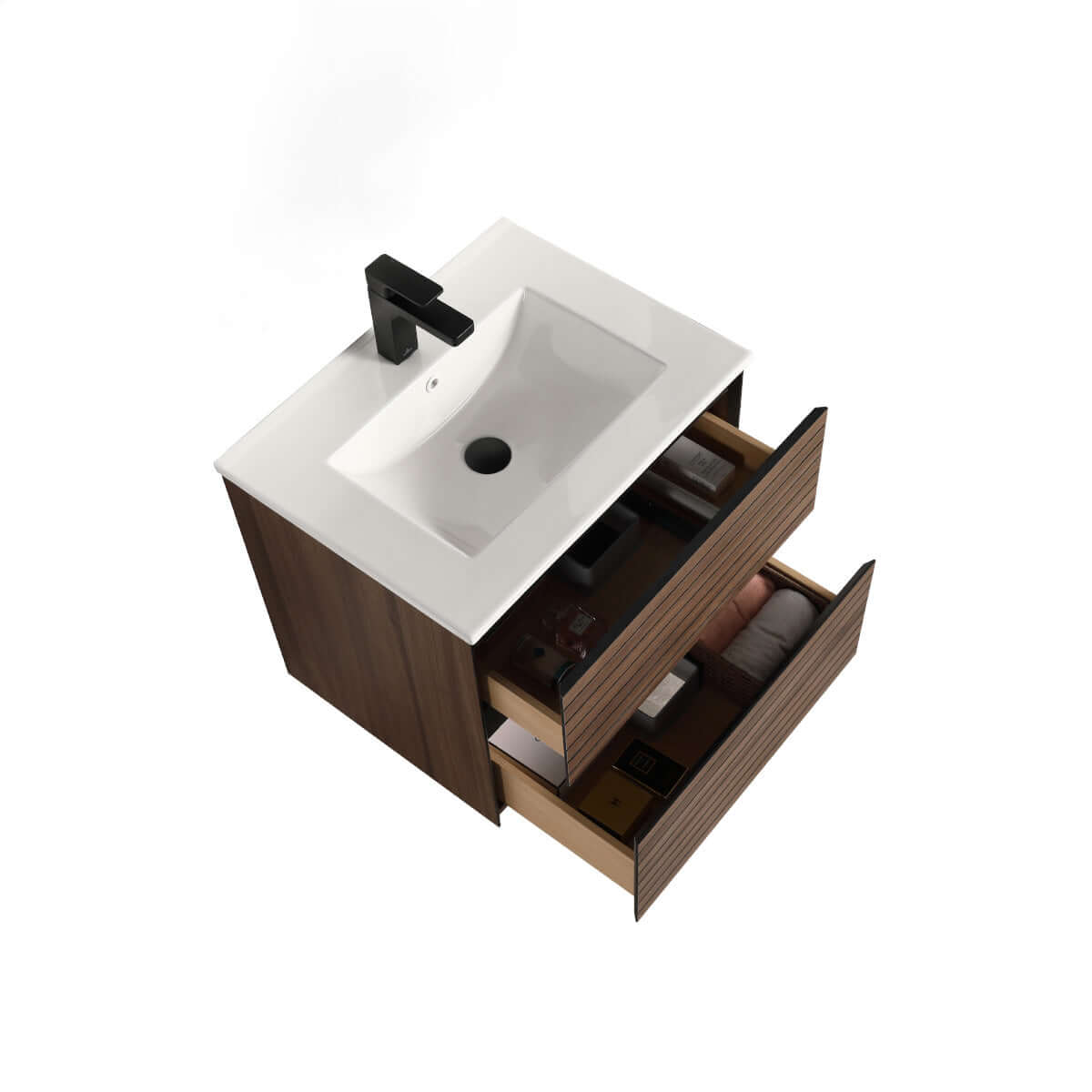 Blossom Annecy 24" Wall-Hung Vanity - Modern Minimalist Design with Soft-Closing Drawers in Dark Walnut, up view, open 2