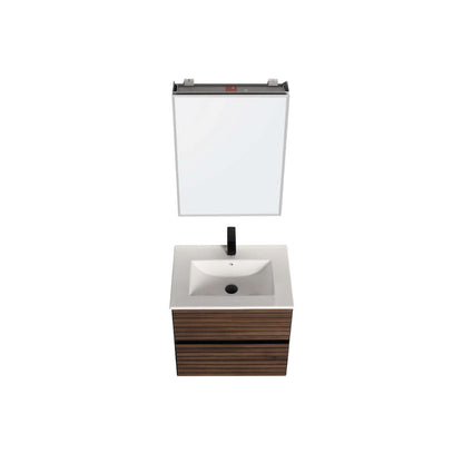 Blossom Annecy 24" Wall-Hung Vanity - Modern Minimalist Design with Soft-Closing Drawers in Dark Walnut, up, front view, open, white basin