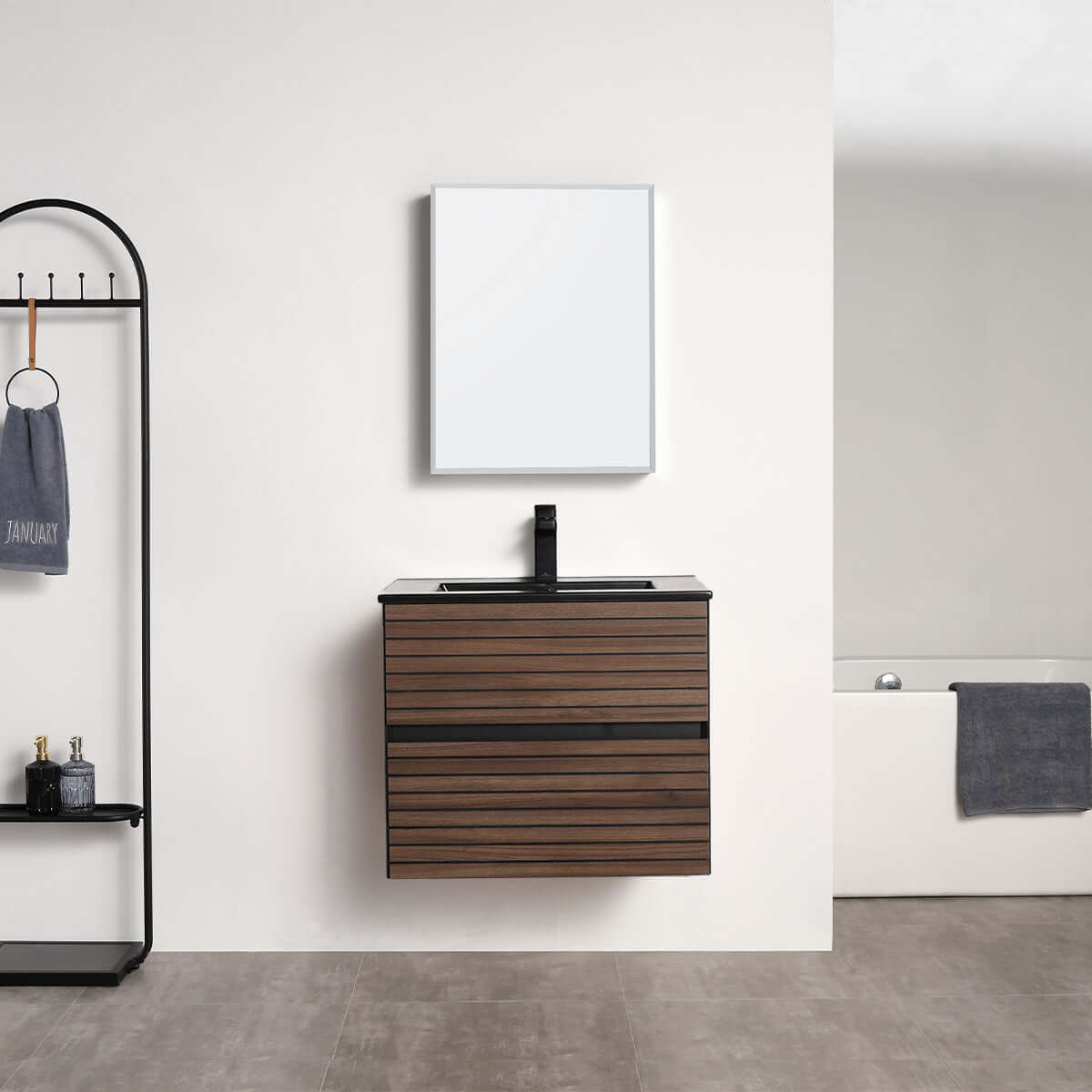 Blossom Annecy 24" Wall-Hung Vanity - Modern Minimalist Design with Soft-Closing Drawers in Dark Walnut, black basin front