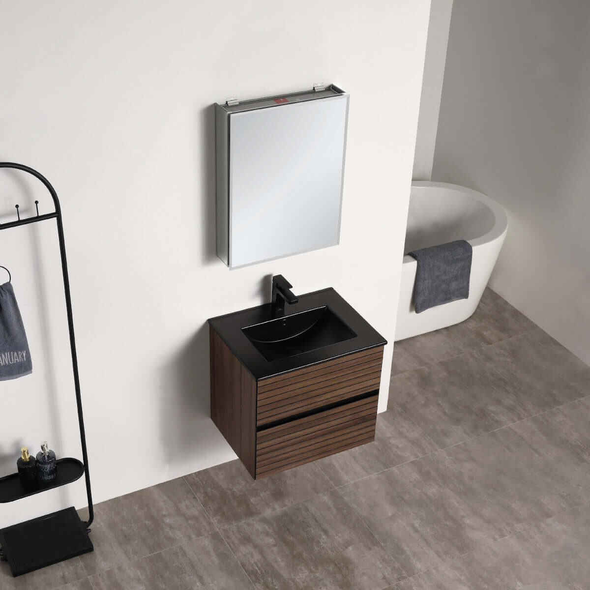 Blossom Annecy 24" Wall-Hung Vanity - Modern Minimalist Design with Soft-Closing Drawers in Dark Walnut, black basin, up