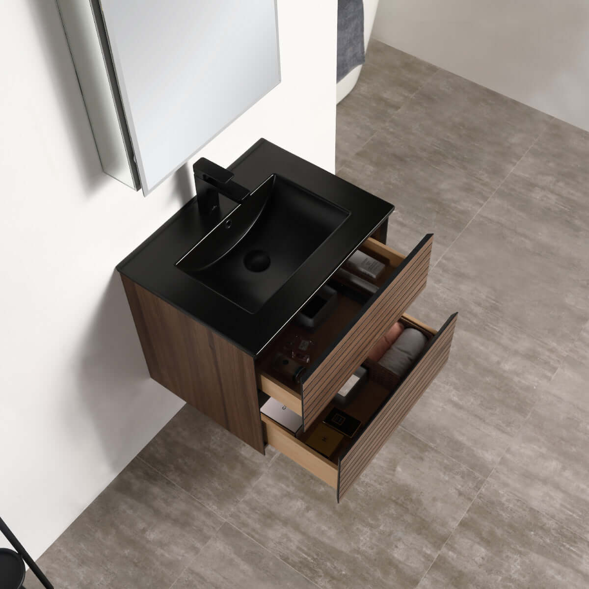 Blossom Annecy 24" Wall-Hung Vanity - Modern Minimalist Design with Soft-Closing Drawers in Dark Walnut, up view, black basin, open