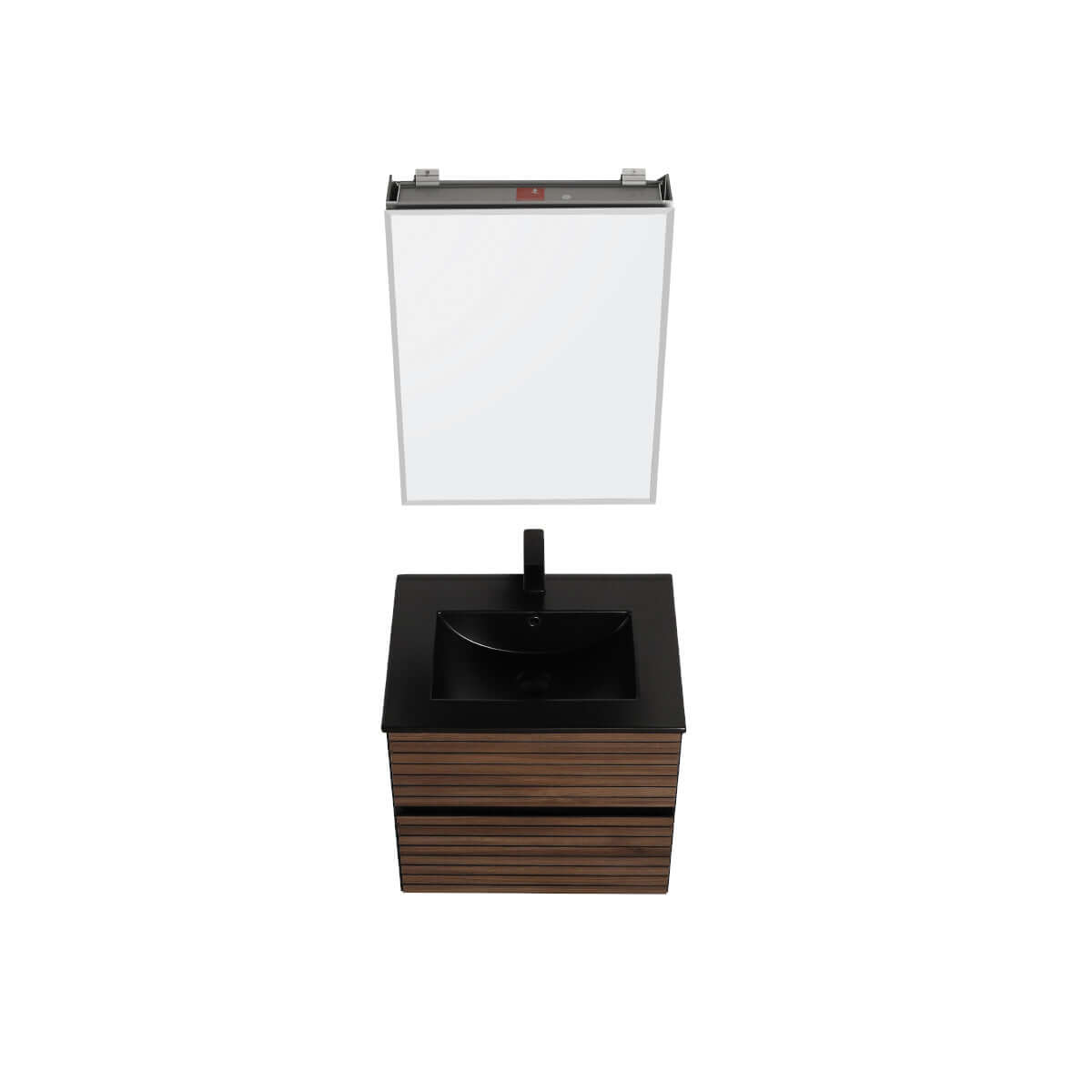 Blossom Annecy 24" Wall-Hung Vanity - Modern Minimalist Design with Soft-Closing Drawers in Dark Walnut, up, front view, open, black basin