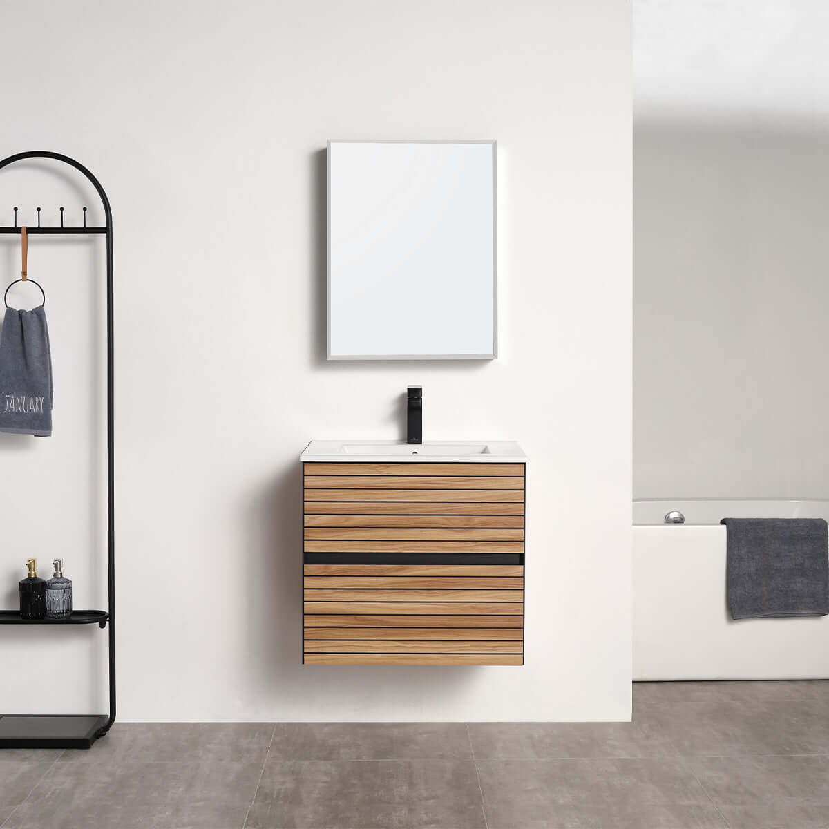 Blossom Annecy 24" Wall-Hung Vanity - Modern Minimalist Design with Soft-Closing Drawers in Maple, front view, ceramic white basin