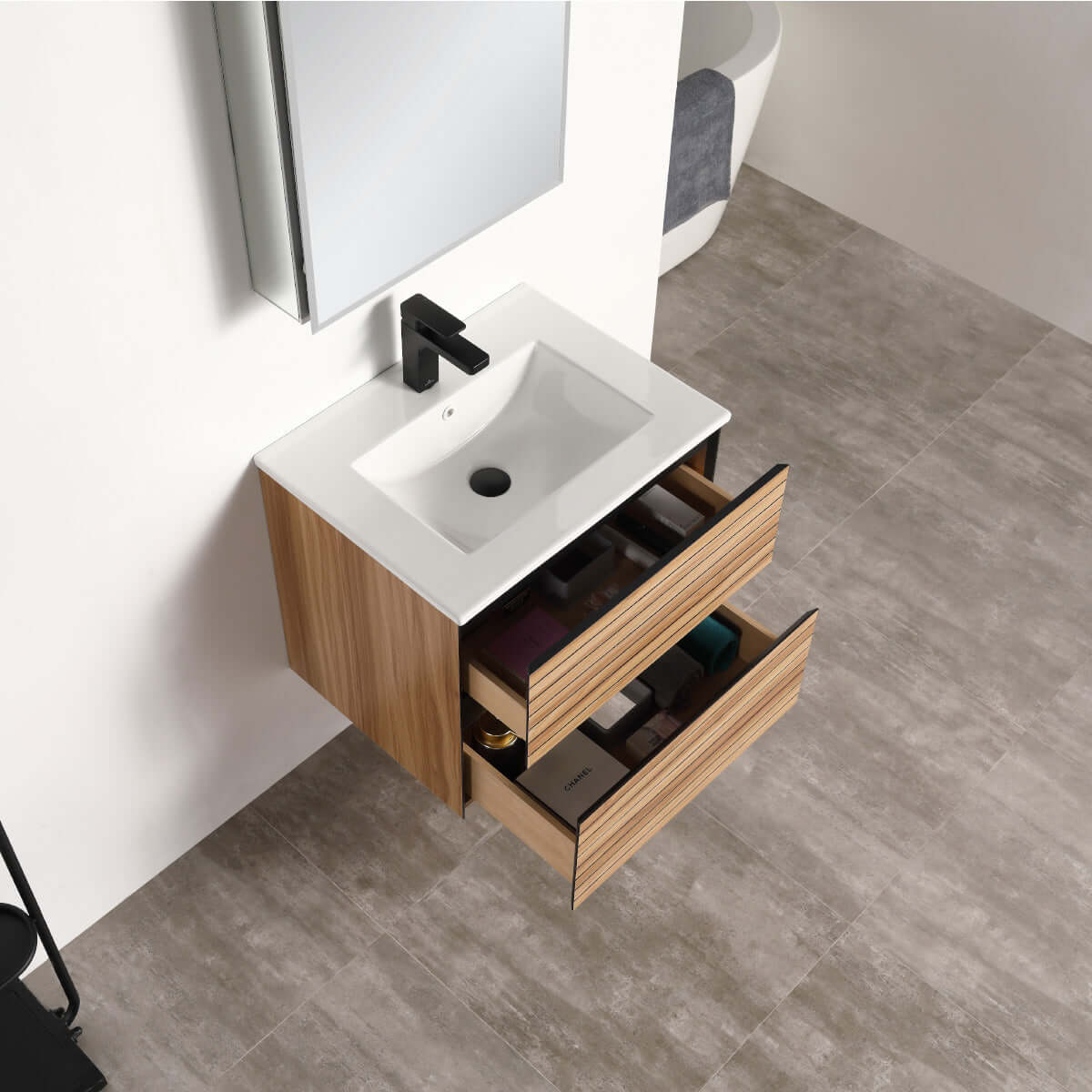 Blossom Annecy 24" Wall-Hung Vanity - Modern Minimalist Design with Soft-Closing Drawers in Maple, open