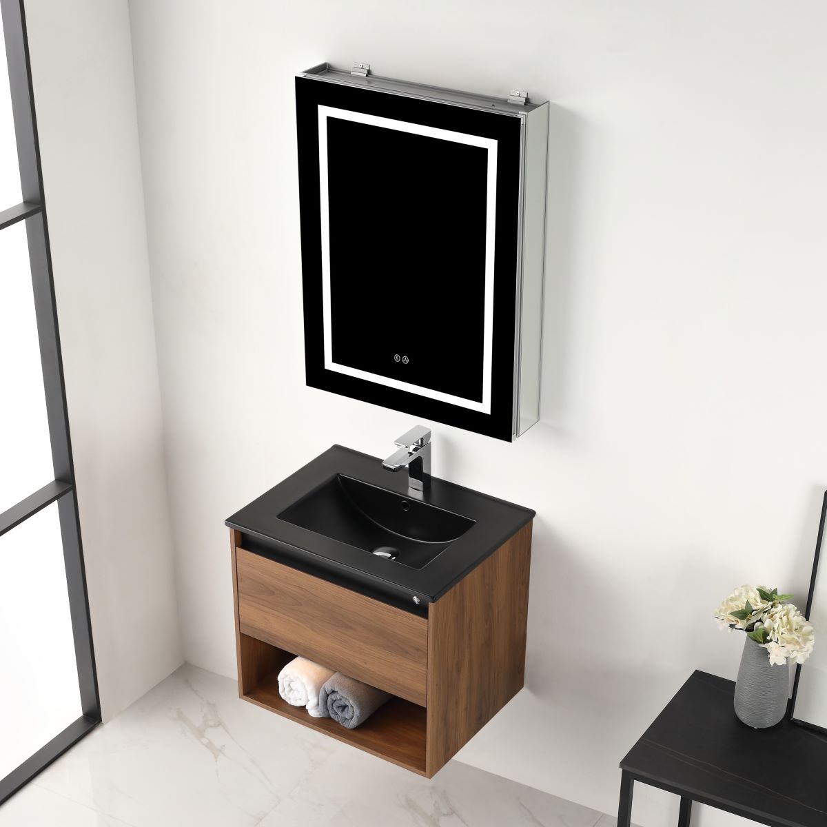 Blossom Bergen Brown Walnut 24" Vanity, Dual LED Illumination, Adjustable Lighting, Black Basin, up