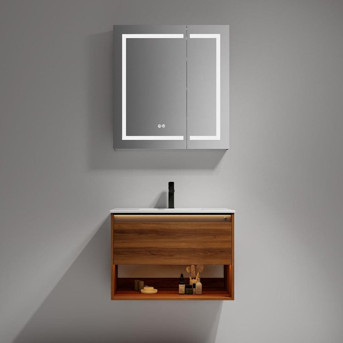Blossom Bergen Brown Walnut 30" Vanity with Dual LED Illumination - Adjustable Lighting, front