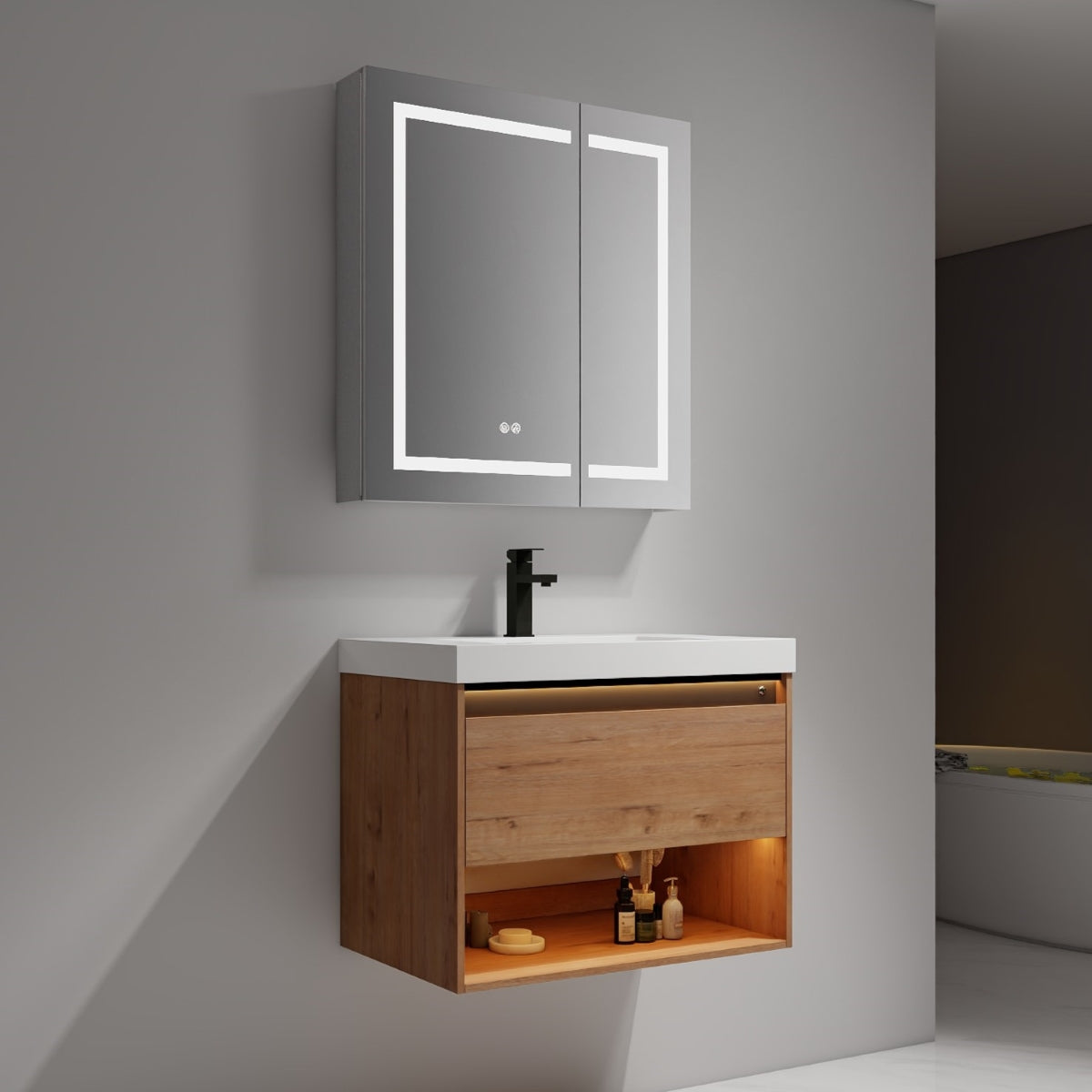 Blossom BergenClassic Oak  30" Vanity with Dual LED Illumination - Adjustable Lighting, Acrylic Basin, 