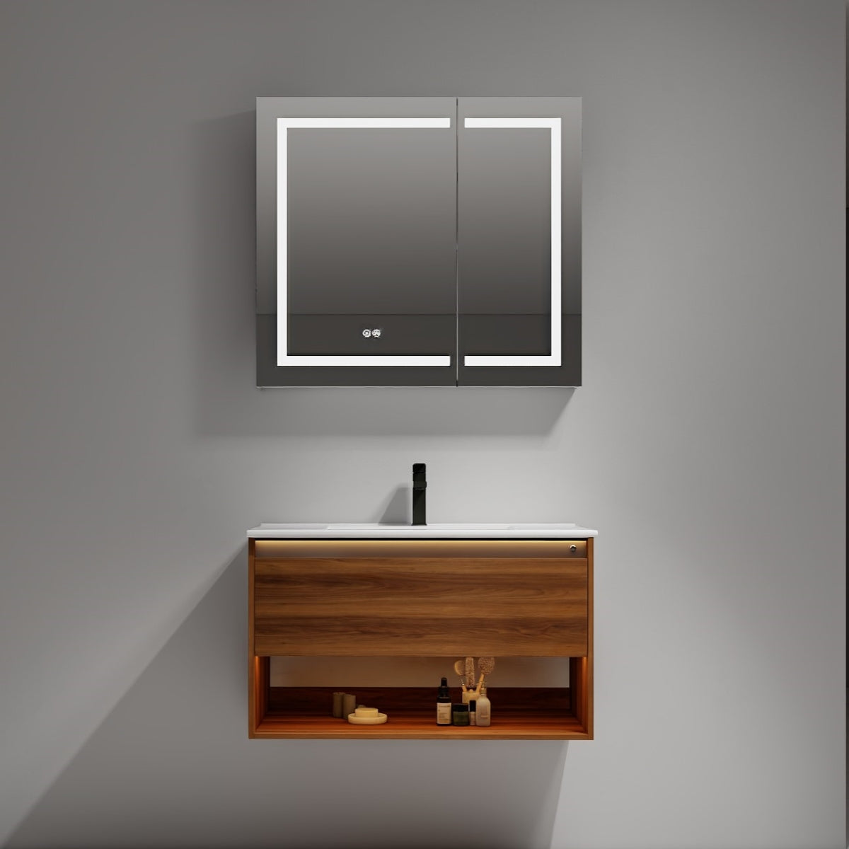 Blossom Bergen Brown Walnut 36" Vanity with Dual LED Illumination - Adjustable Lighting, Ceramic Basin, front