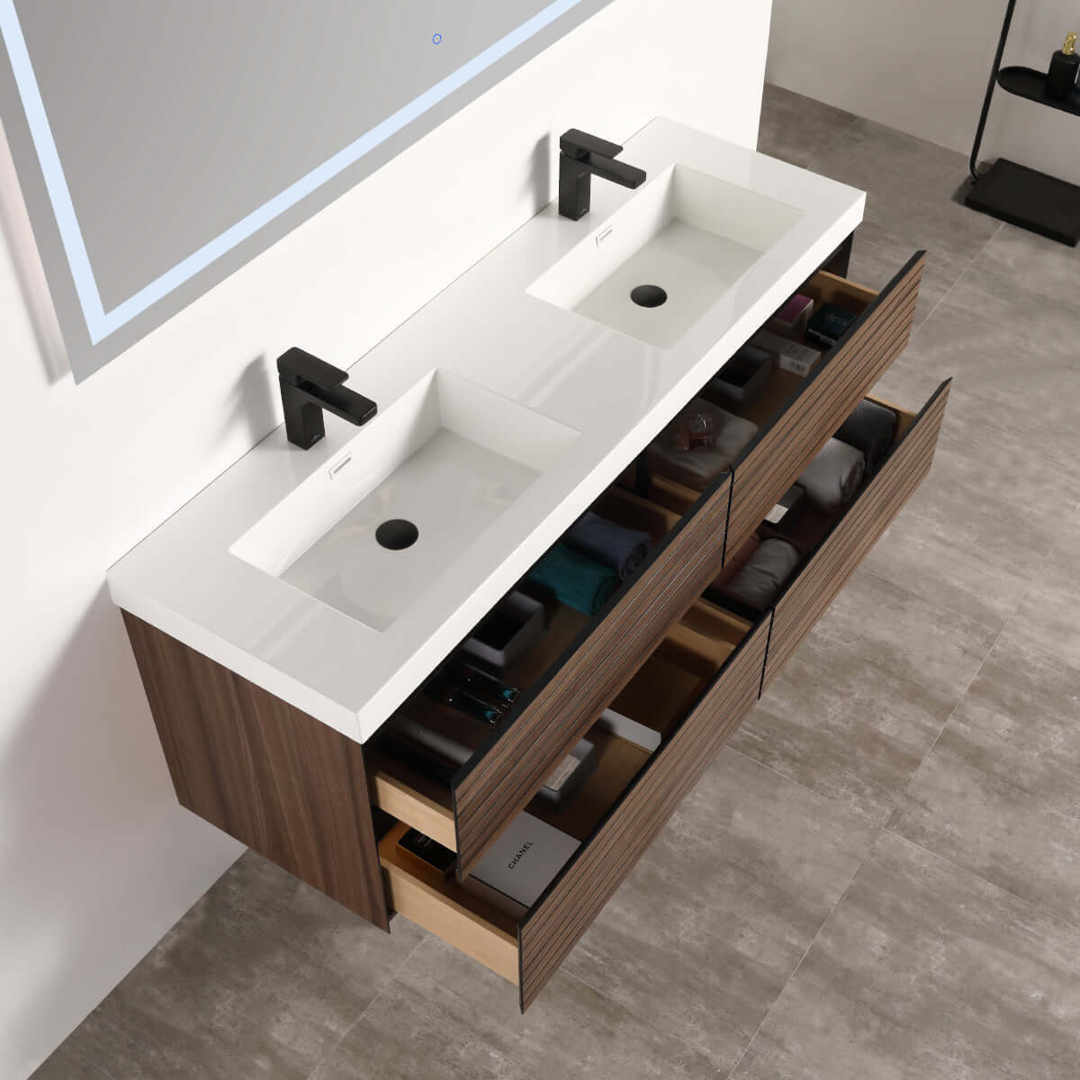 Blossom Annecy 48" Double Sink Wall-Hung Vanity - Modern Minimalist Design with Soft-Closing Drawers in Dark Walnut - open
